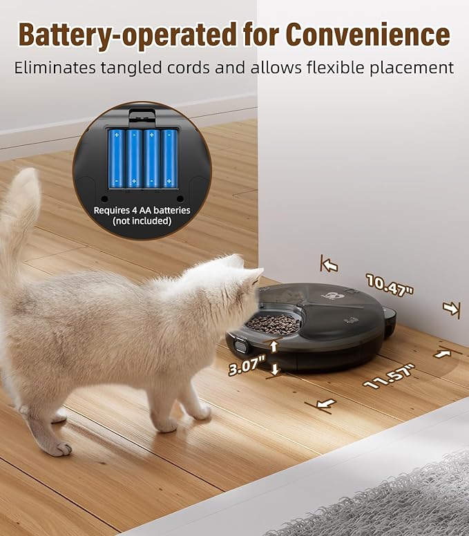 Casfuy Battery-Operated Automatic Cat Feeder - Whisker Friendly Automatic Cat Food Dispenser for Wet Dry Food Cordless 4-Meal Auto Feeder for Cats Small Dogs with Programmable 12H/24H Format Timer