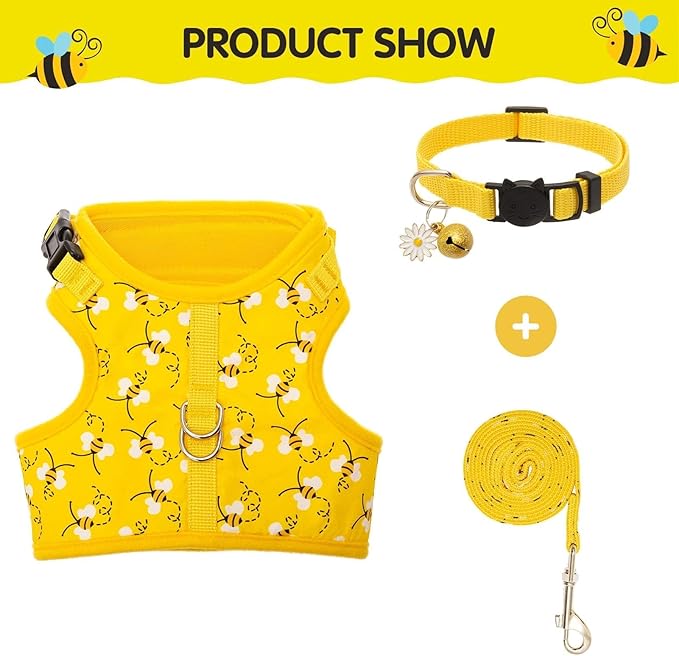BINGPET Cat Harness with Leash and Collar for Walking - Escape Proof with 59 Inches Leash - Adjustable Soft Vest Harnesses for Medium Large Cats Bee