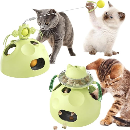 Zaabaaziba Interactive Cat Toys Multifunctional, Track Balls, Kitten Toy for Indoor, High-Elasticity Cat Teaser Wand, Multi-Cat Households, All Cat Breeds, Slow Feeder Toy Green