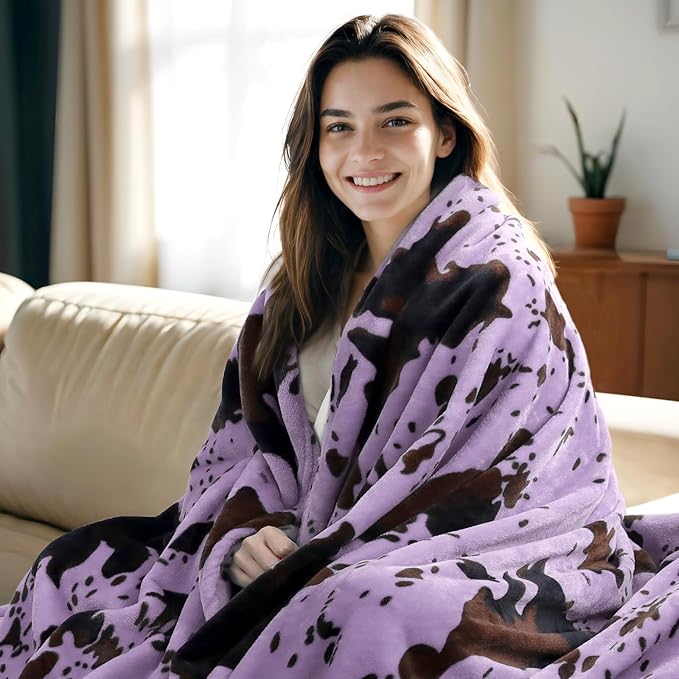 Fleece Throw Blanket - Purple Cow Print, Soft Cozy Lightweight for Couch, 40x50 Inch