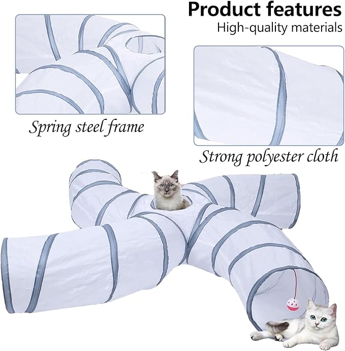 EGETOTA Cat Tunnel for Indoor Cats Large, with Play Ball S-Shape 4 Way Collapsible Interactive Peek Hole Pet Tube Toys, Puppy, Kitty, Kitten, Rabbit (S4 - White & Grey)