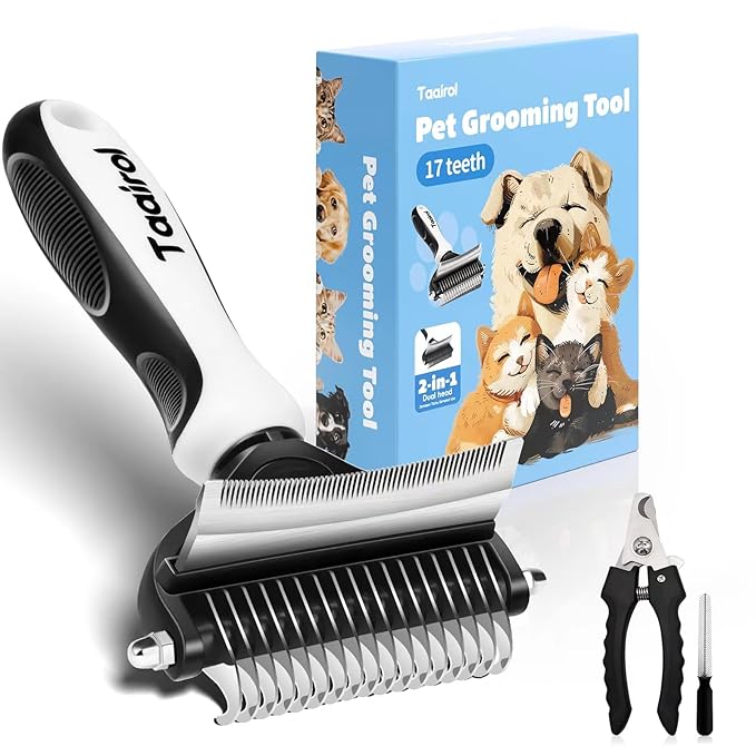 Extra Wide Undercoat Rake for Dogs and Cats, Pet Grooming Brush with Nail Clipper to Remove Loose Fur, Professional Dematting & Deshedding Comb for Tangled Hair (Medium)