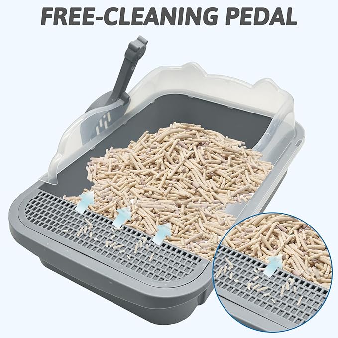 BNOSDM Cat Litter Box with Non-Slip Mat Sifting Litter Box Detachable High Sides, Open Top Litter Pan Pet Toilet with Scoop for Cats, Grey