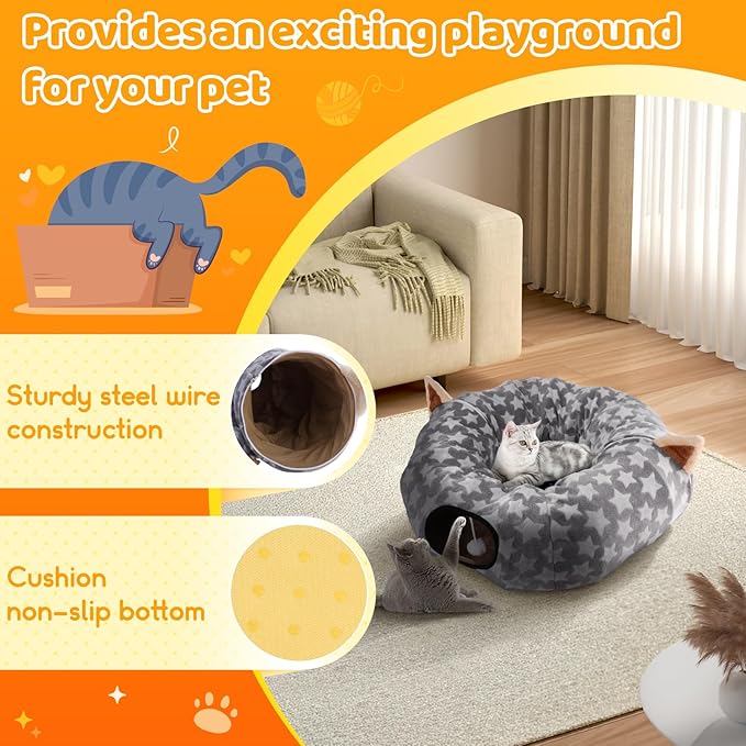 Cat Bed Tunnel Tree Skirt, Round Cave Donut Play Tunnels for Indoor Cats Large, 2 in 1 Soft Plush Mat and S Shape Collapsible Circle Tube with Zippers Hanging Ball Toy
