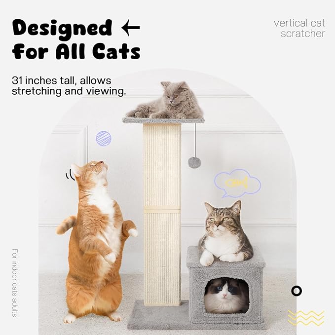 Small Cat Tree, 31 Inches Tall Cat Scratching Post with Perch & Condo, Natural Woven Sisal Cat Post Sctacher, Kitten Scratching Posts for Indoor Cats, Cat Scratch Tower with Fluffy Ball, Gray