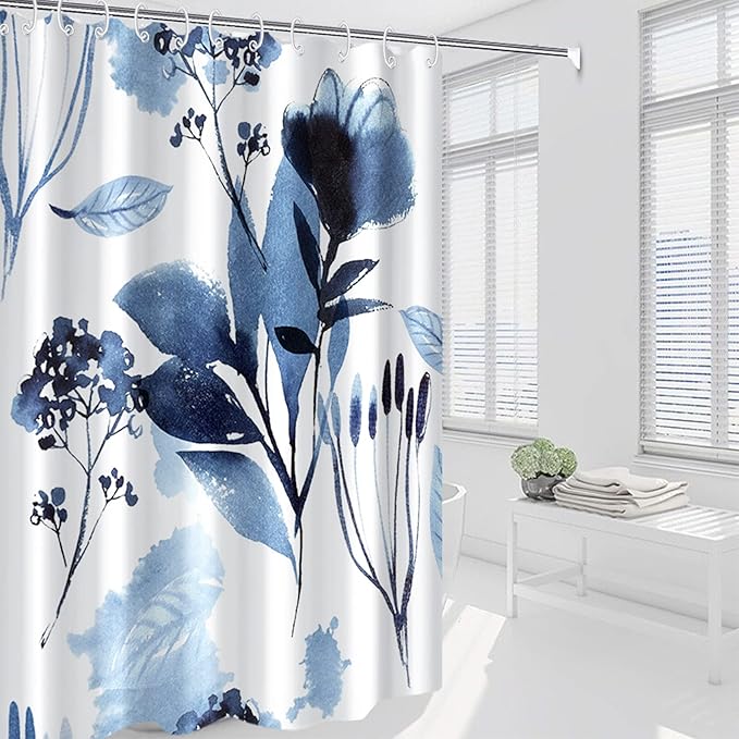 AWERT Blue Floral Shower Curtain for Bathroom Watercolor Ink Flowers Shower Curtain with Hooks Waterproof Fabric Bathroom Decor 60x72inch