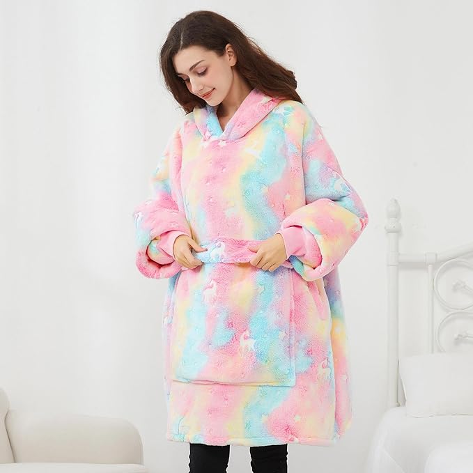 Glow in The Dark Wearable Blanket Hoodie for Adults Sherpa All Patterns Oversized Sweatshirt Blanket with Pockets Cute Gifts for Women Rainbow