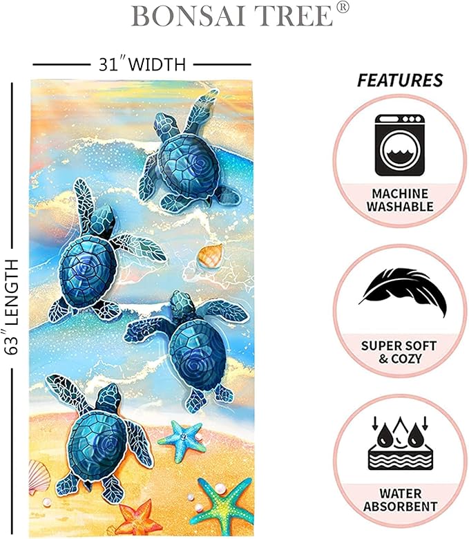 Bonsai Tree Turtle Beach Towel, Sea Turtles Large Microfiber Bath Towel Gifts for Women, Ocean Summer Starfish Seashells Funny Sand Free Quick Dry Travel Towels for Yoga Sports 31" x 63"