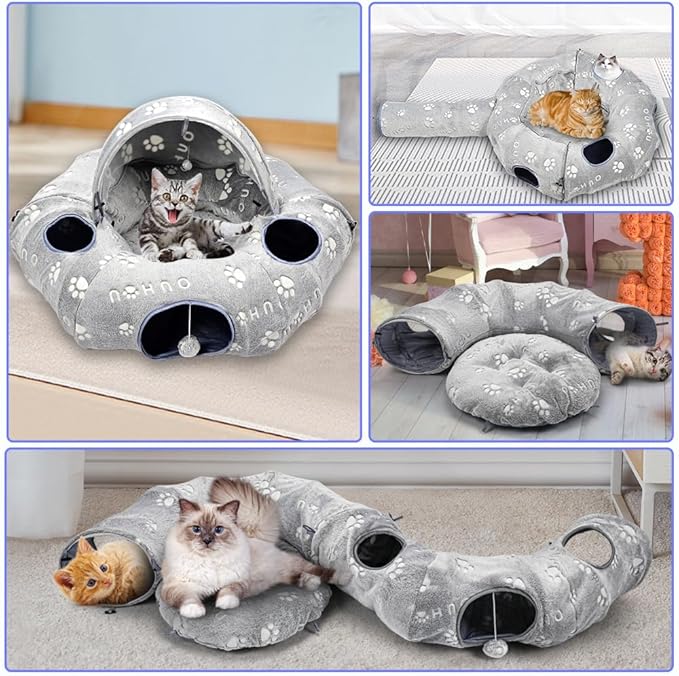 Cat Tunnel Bed, Cat Tunnels for Indoor Cats, Cat Donut Tunnel Toy with Washable Circle Cushion, Straight Shaped Tunnel, 4 Fluffy Balls, Blackout Tent, Self-Luminous Cat Toys（Grey）