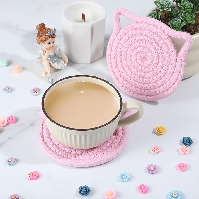 2Pcs Pink Cute Coasters for Desk, Cat Ear Shaped Coasters for Office Hot Tea Drink Juice, Handmade Fabric Table Protect Wooden Table Coffee Bar Decor