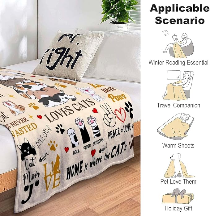Cat Gifts Blanket - Cute Kitten Pet Throw Blanket for Cat Lovers - Adults, Women, Girls - Christmas, Thanksgiving Gifts - 60"X50"