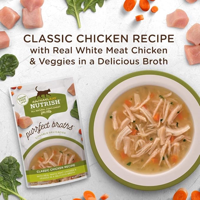 Nutrish Rachael Ray Purrfect Broths Wet Cat Food, Classic Chicken Recipe with White Meat Chicken & Veggies, 1.4 Ounce Pouch (Pack of 24), Grain Free