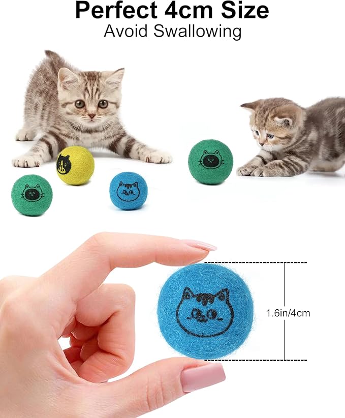 Cat Ball Toys – Soft, Quiet Wool Balls for Indoor Cats, Handmade, Pure Natural, Safe, Cat-Friendly Colors, 1.6 Inch Interactive Toy for Kittens, 3 Pack