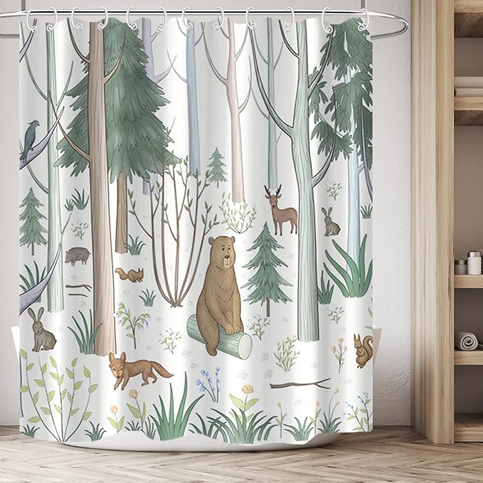AWERT Cute Shower Curtain with Hooks Green Forest Shower Curtain with Wild Animals Bear Moose Deer Fox Deor Bathroom 72x84 inch