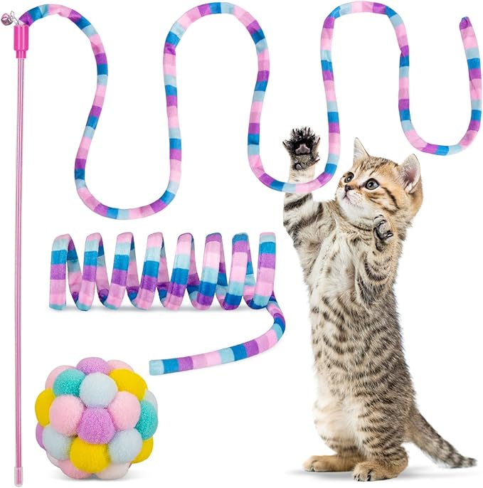 Retro Shaw Cat Toys, Cat Wand Teaser Toys Cat Fuzzy Balls with Bell Inside and Cat Springs, Interactive Cat Toys for Indoor Cats Kittens Kitty, 3 Pack