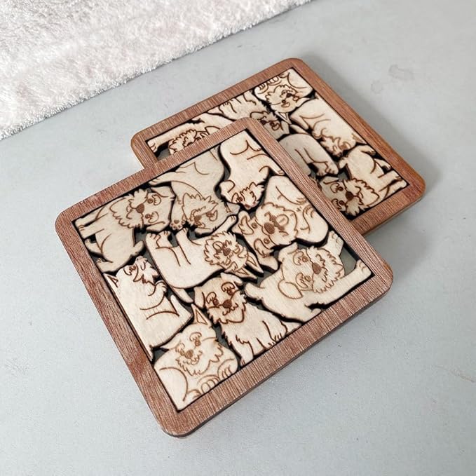 02 Schnauzer Dog Puzzle Wooden Coasters- Interlocking Jigsaw Drink Mats with Laser-Cut Design for Pet Lovers (Schnauzer Dog Coasters)