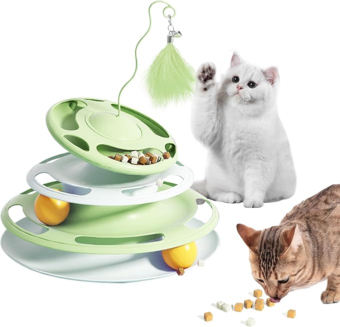 2 in 1 Cat Interactive Toy Roller 3-Level Turntable Cat Toy Ball Track Cat Ball Tower Cat Slow Feeder Food Dispenser Cat Kitten Wand (Green)