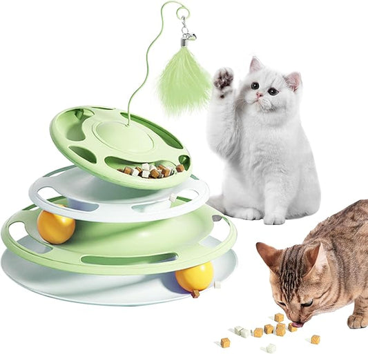 2 in 1 Cat Interactive Toy Roller 3-Level Turntable Cat Toy Ball Track Cat Ball Tower Cat Slow Feeder Food Dispenser Cat Kitten Wand (Green)