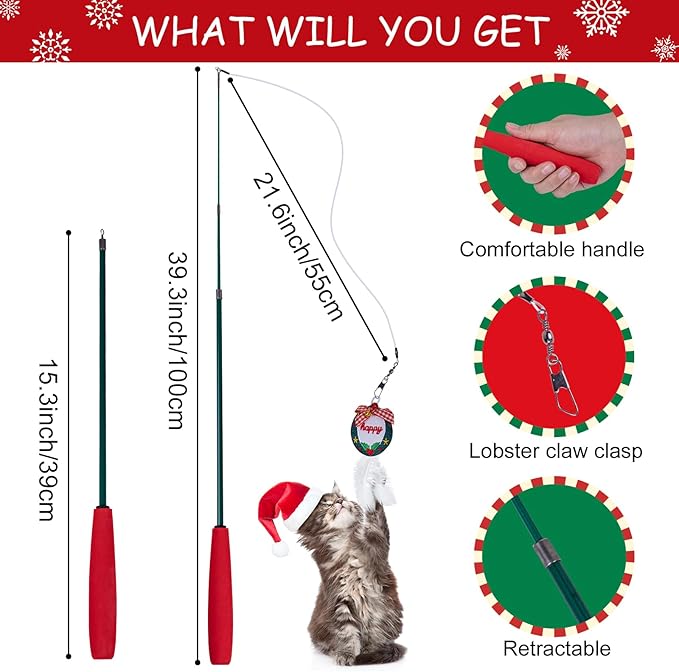 Pet Soft Cat Toys Feathers Wand Christmas Interactive Cat Toy Kitten Toys Retractable Cat Wand Toy and 7 Feather Teaser Refills with Bells Cat Toys