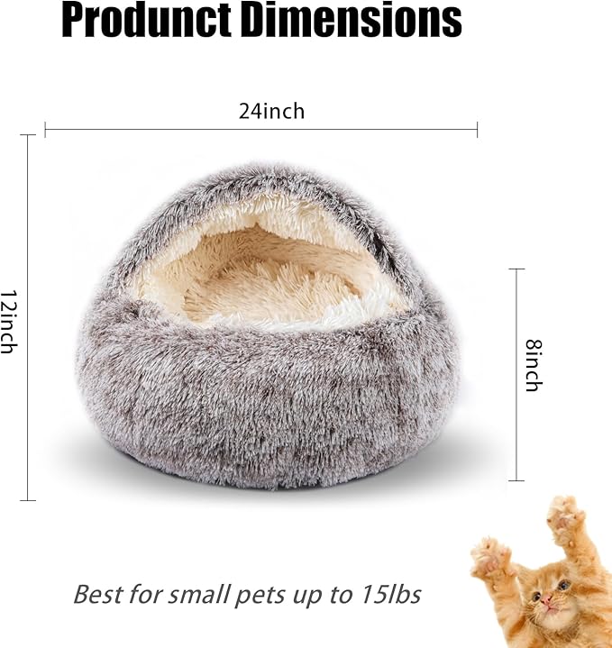 Calming Dog Beds & Cat Cave Bed with Hooded Cover,Washable Round Beds for Small Medium Pets,Anti-Slip Faux Fur Fluffy Coved Bed,Comfortable Warming Pet Bed (24 * 24inch,Khaki)