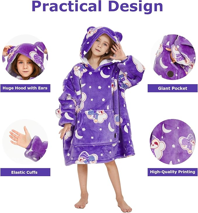 THREE POODLE Blanket Hoodie for Kids, Glow in The Dark Blanket Hoodie, Oversized Sherpa Blanket Hoodie Sweatshirt for Kids, Extremely Cozy, Warm, Soft, and Fuzzy Hoodie Blanket, One Size Fits All