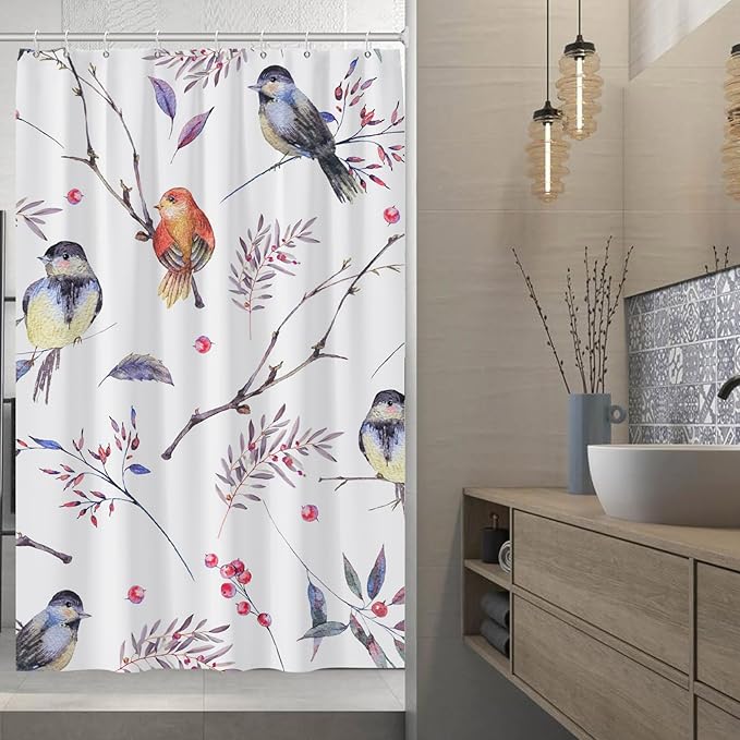 AWERT Cheery Birds on Tree Branch Shower Curtain for Bathroom Bird Shower Curtain with Hooks Colorful Waterproof Fabric Bathroom Accessories Bathtub Decor 72x78inch