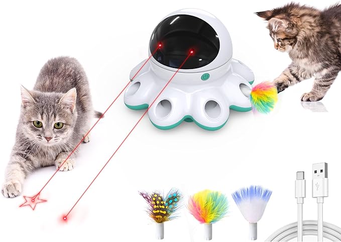 ORSDA Cat Laser Toy, 2-in-1 Interactive Cat Toys for Indoor Cats, Automatic Laser Pointer Cat Toy, 8 Holes Mice Whack A Mole Moving Feather, USB Rechargeable Electronic Kitten Toys for All Breeds