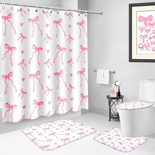 4Pcs Pink Bow Shower Curtains Set, Waterproof, 71”×71“ Washable Bathroom Decor with Non Slip Rugs, Toilet Lid Cover and Bath Mat, Cute Shower Curtain Suitable for Girly and Girls with 12 Hooks