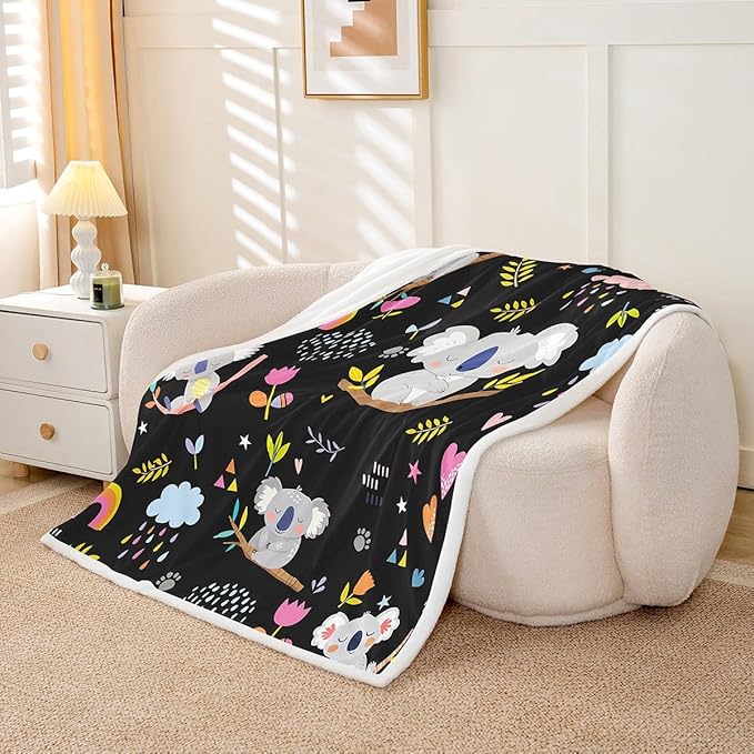 Kids Koala Fleece Blanket Boys Girls Cute Animal Pattern Sherpa Throw Blanket for Bed Couch Sofa Floral Rainbow Butterfly Plush Blanket Super Soft Lightweight Kawaii Decor Fuzzy BlanketKing 87"x95"