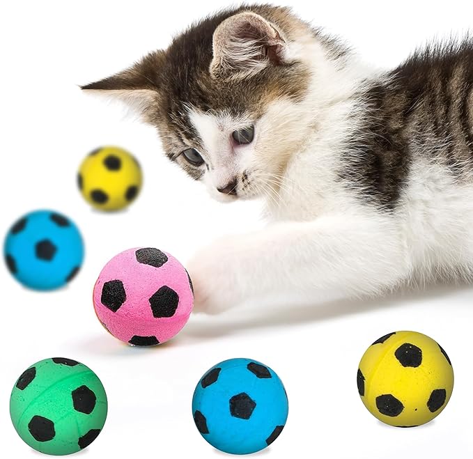 Vila Cat Soccer Balls, Feline Entertainment and Enrichment, Physical, and Mental Workout, Kitty’s Silent Companion, Foam Sponge, Pink, Yellow, Green, Blue, 1.5” -2” (Diameter), 12 Pcs per Pack 