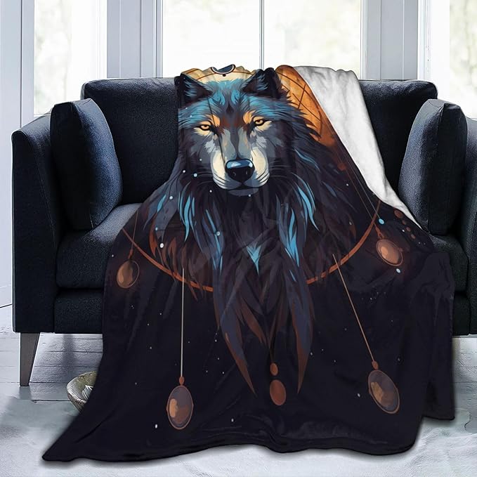 Catroon Wolf Dream Catcher Blanket Gifts Moon Wolves Flannel Throw Blankets for Home Decor Couch Bed Sofa Soft Fuzzy Lightweight for All Season 60x50 Inches