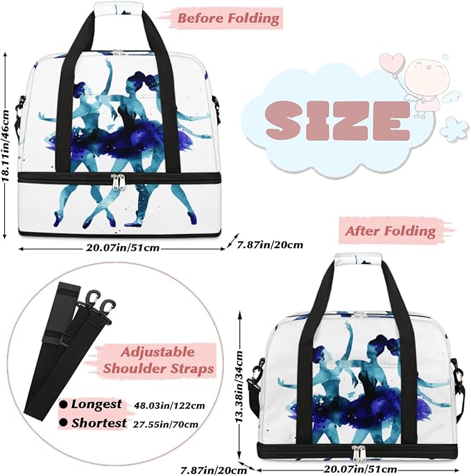 Ballerina Girl Foldable Travel Duffel Bag, Expandable Sports Gym Bag with Shoes Compartment Weekender Overnight Totes Bags for Women Men