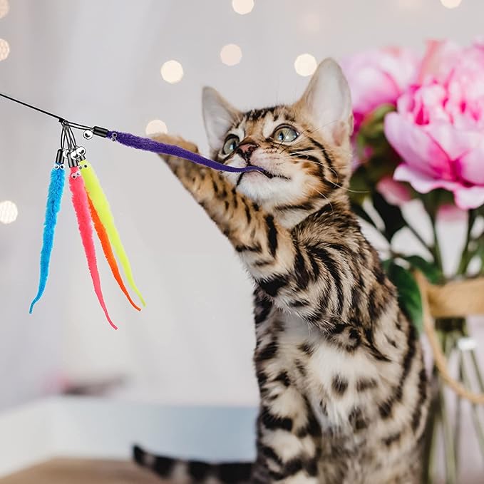 Molain Cat Wand Toy Replacement Refill -12 Pcs Furry Tail Worm with Bell Interactive Cat Chaser Toys, Kittens Wand Refills Attachments