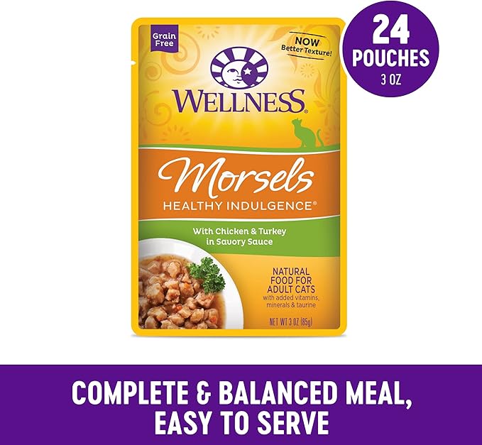 Wellness Healthy Indulgence Morsels Grain-Free Wet Cat Food, Made with Natural Ingredients, Quality Proteins, Complete and Balanced Meal, 3 Oz Pouches (Chicken & Turkey, 24 Pack)