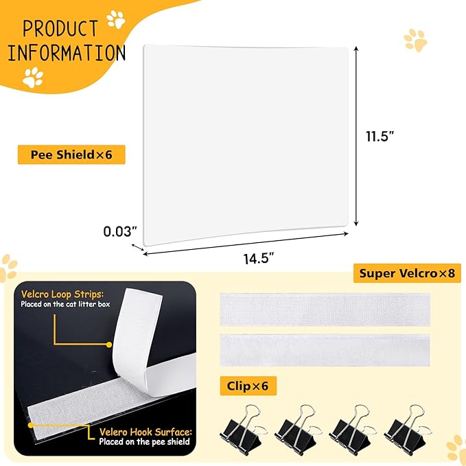 6 Pcs Cat Litter Box Pee Shields, Cat Litter Box Splash Guard for Open Top Litter Pan | Frosted | Easy Clean | 14.5"×11.5" (Litter Box Not Included)