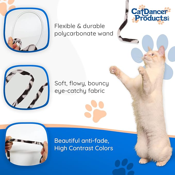 CAT DANCER Products Cat Charmer Interactive Cat Toy, Safe Teaser Wand, Colorful Fabric Ribbon Safe Flexible Exercise Toy, 2-Pack, Multi-Color, Pattens Vary