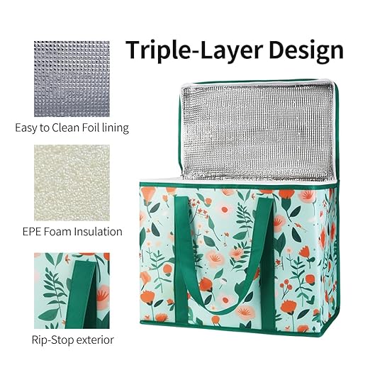 Bodaon 2-Pack Insulated Reusable Grocery Shopping Bags, X-Large Picnic Cooler Bag with Zipper/Zippered Top Cold, Insulated Food/Pizza Delivery Bag for Catering/Doordash/Uber Eats