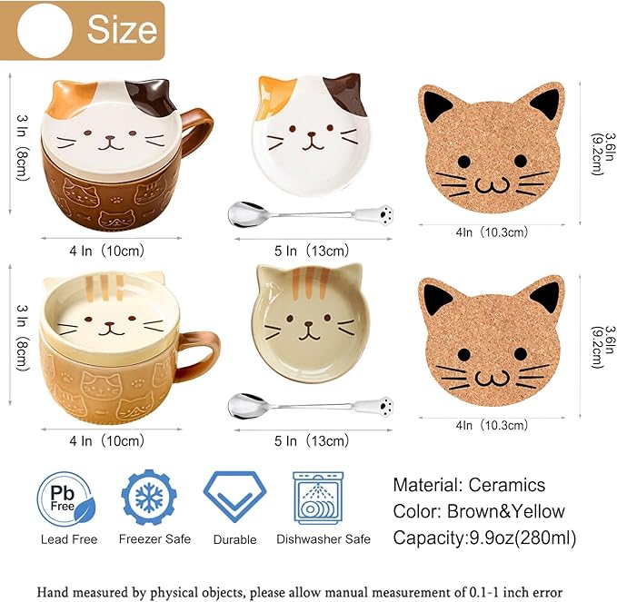 BigNoseDeer 2PCS Cute Cat Tea Cup Ceramic Coffee Mugs with Lid, Dessert Tea Cups and Saucers for Cat Lovers, Christmas Gifts 10oz (Yellow+Brown)