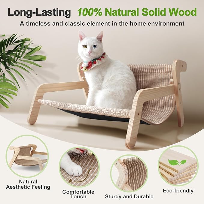 Sisal Cat Bed, Large Cat Beds for Indoor Cats, Easy Clean Sisal Scratcher and Sturdy Natural Wood Cat Couch&hammock Comfy Rustic Cat Furniture for Living Room Bedroom, All Age Up to 50Lbs（21" x 18"）