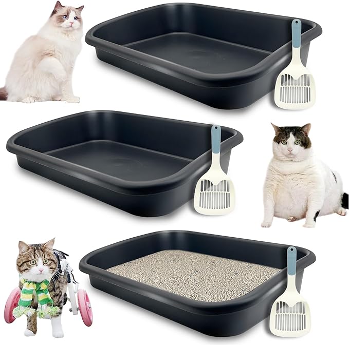 BNOSDM 3 Pcs Large Cat Litter Box, Low Entry Senior Litter Box Open Top Pet Litter Tray with Scoops for Older Cats or Disabled Senior Cats, 23x16.5x4.3 Inches