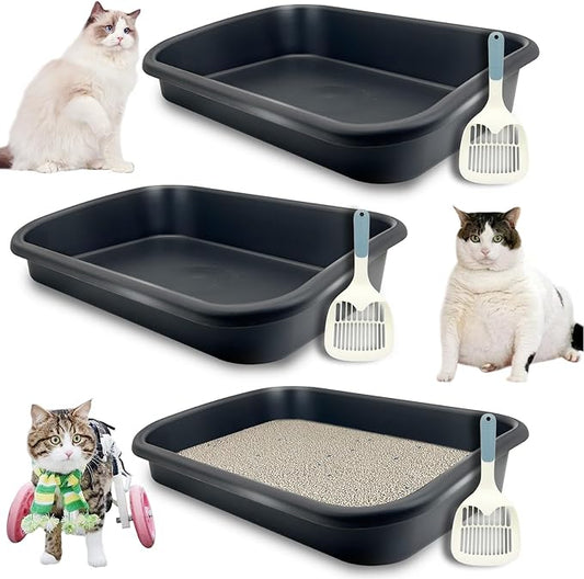 BNOSDM 3 Pcs Large Cat Litter Box, Low Entry Senior Litter Box Open Top Pet Litter Tray with Scoops for Older Cats or Disabled Senior Cats, 23x16.5x4.3 Inches