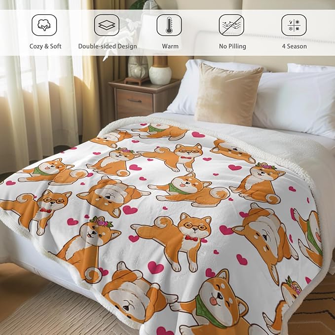 BlessLiving Shiba Blanket Cute Dog Heart Print Fleece Blanket Watercolor Pet Sherpa Blanket Throw Kids Girls Shiba Inu Throw Blanket Dog Lover Gift (50 x 60 Inches)