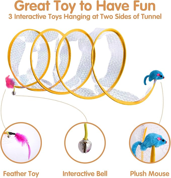 Abnaok Folded Tunnel Cat Toys, Interactive Indoor Cat Tunnels, Safe and Durable, Portable and Foldable, S-typed Spring Design