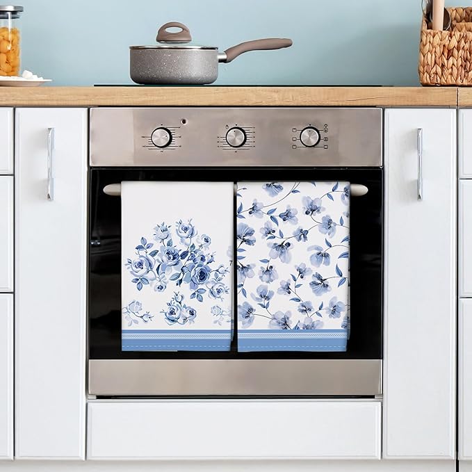 Blue Flower Leaves Tea Towels, 100% Cotton Kitchen Towel Set 20×27.5inch, Multi-Purpose Quick Dry Dish Towels Dishcloths Hand Towels Bar Towels(Set of 4)