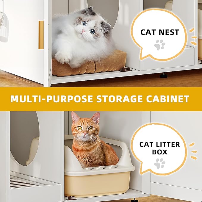 DWVO 4 in 1 Cat Toys Mini Pool Table for Cats, Litter Box Enclosure for 2 Cats, Cat Pool Table Tower with Feather Wand Interactive Exercise Play Rest Beds & Litter Box Furniture, White, Large