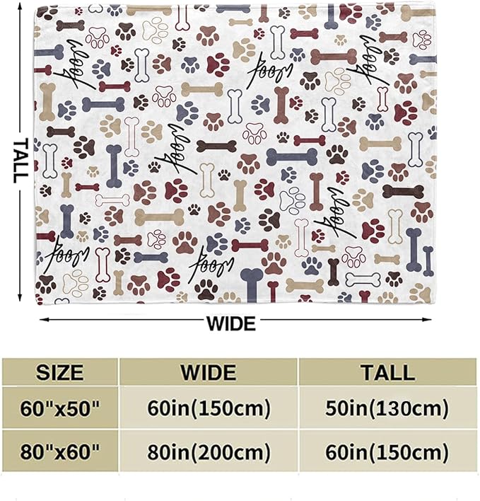Tupmnbry Dog Throw Blanket Dog Paw Bones Print Blanket Super Soft Flannel Fleece Blanket Lightweight Fluffy Plush Bed Blankets for Bedding Sofa and Travel 50"X60"