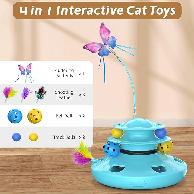 Cat Toys, 4-in-1 cat interactive toy for indoor Rechargeable Automatic with Fluttering Butterfly Random Moving Ambush Feather 2-Tier Track Balls for Bored Indoor Adult Cats Kittens All Breeds
