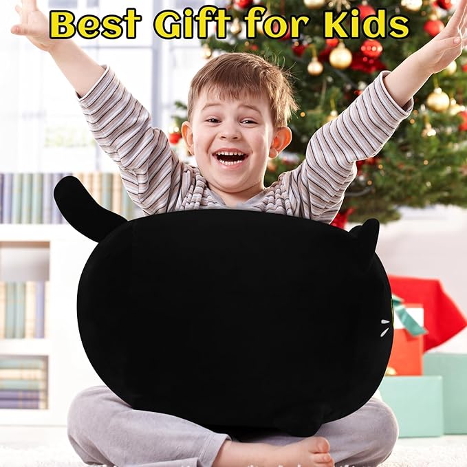 Black Cat Plush Pillow - 20'' Plushie, Gold Eyes, Anime Cat Plush, Cute Stuffed Animal, Birthday Gift for Kids