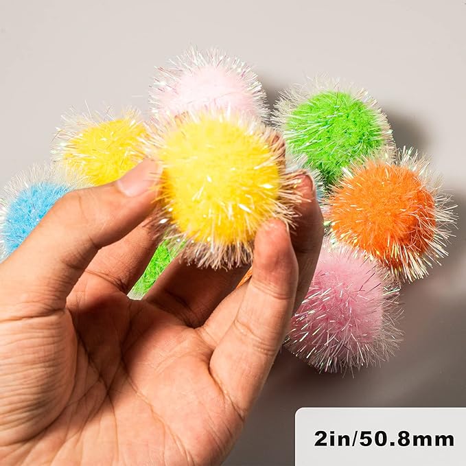 VAPKER 30 Pcs Cat Ball Toys Sparkle Balls Extra Large 2 Inch Cat's Favorite Chase Glitter Ball Glitter Tinsel Pom Poms Balls Assorted Color