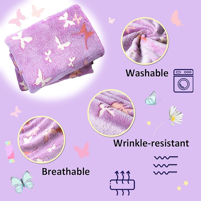 Best Gift Butterfly Glow in The Dark Throw Blanket with Storage Bag, Best Gift Soft Throw Blanket for Girls Boys, Camping Blanket, Gifts for Children Ages 1-10, Kids Blanket, Purple